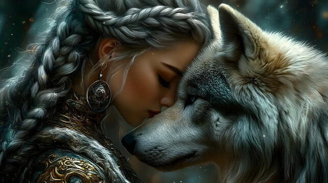 Warrior Connects with Wolf: Braids, Friendship, Fantasy Art