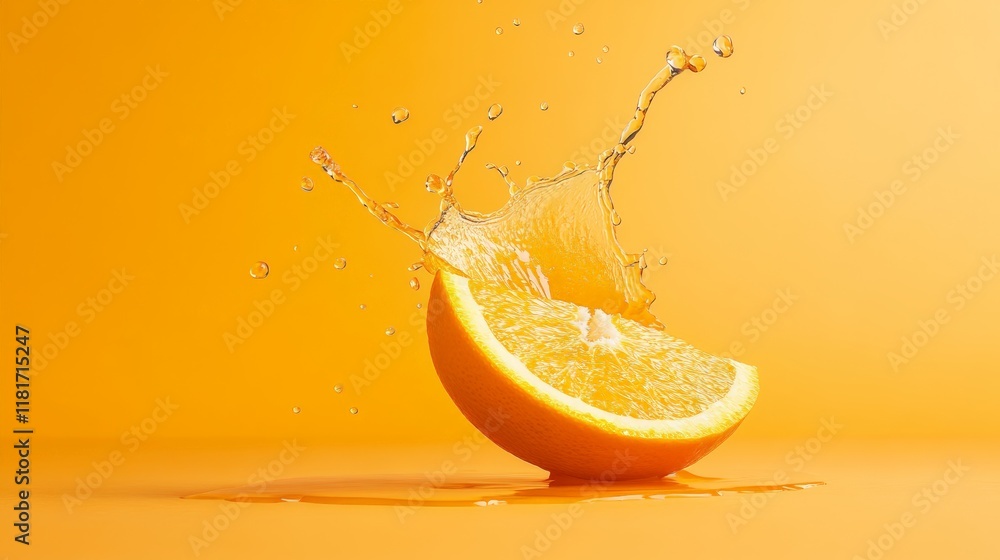Aufkleber Fresh orange slice creating a dynamic splash of juice against a vibrant orange backdrop, offering a refreshing visual perfect for summer and beverage related themes
