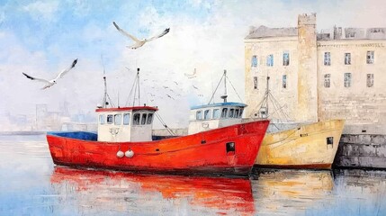 Vibrant Fishing Boats Docked Near Historic Building by Serene Waterfront with Gentle Waves and Seagulls