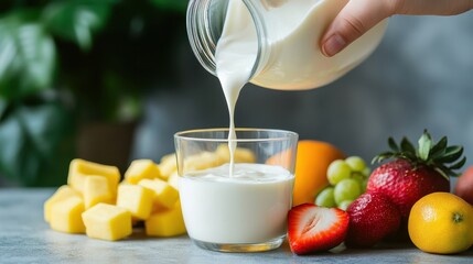 Pouring Smooth Yogurt Into a Glass