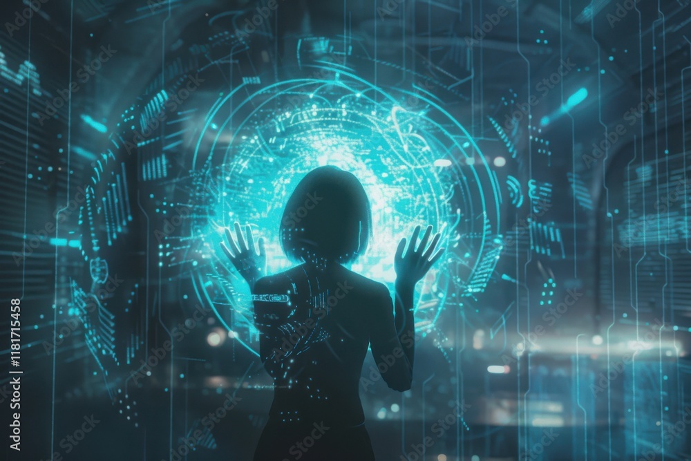 Poster human-like ai hologram controls data streams to thwart cyber attack