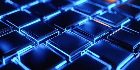 Fototapeta premium A futuristic grid of dark, reflective square tiles outlined by glowing blue lines, creating a high-tech lattice pattern. The geometric design symbolizes modern structure and organization
