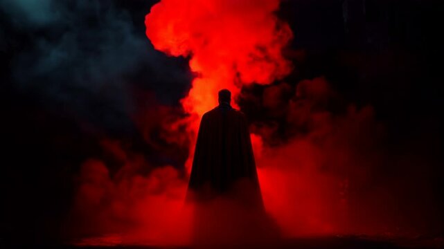 Dark silhouette of a cloaked figure surrounded by glowing red mist