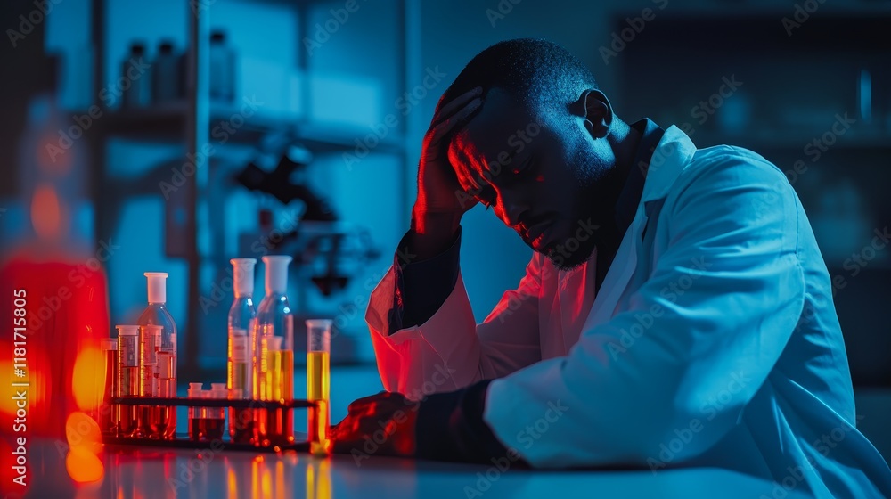 Aufkleber a scientist in a lab appears stressed, surrounded by glassware and a microscope.