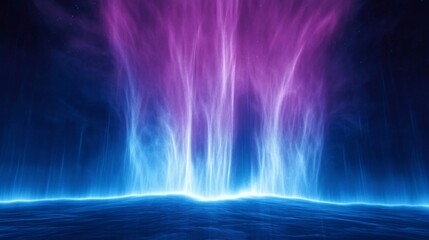 A stunning display of vibrant purple and blue lights emanating from the horizon, creating a mystical oceanic scene.