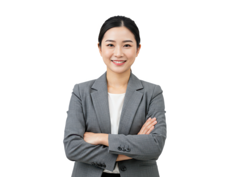 A professional woman in a gray blazer over a white blouse, standing with arms crossed, smiling confidently. The image is isolated on a white background