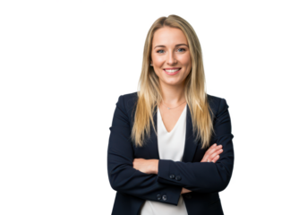 A confident woman with long blonde hair, wearing a navy blazer over a white top, standing with arms crossed and smiling warmly