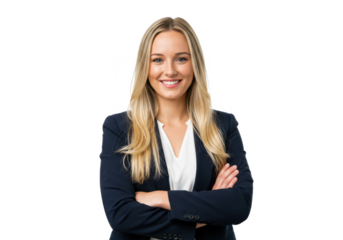 A confident woman with long blonde hair, wearing a navy blazer over a white top, standing with arms crossed and smiling warmly