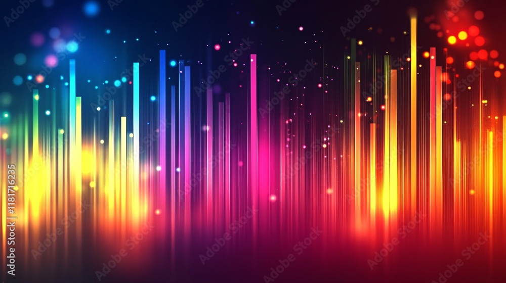 Poster a vibrant and colorful abstract digital art piece featuring dynamic soundwave patterns in various hu