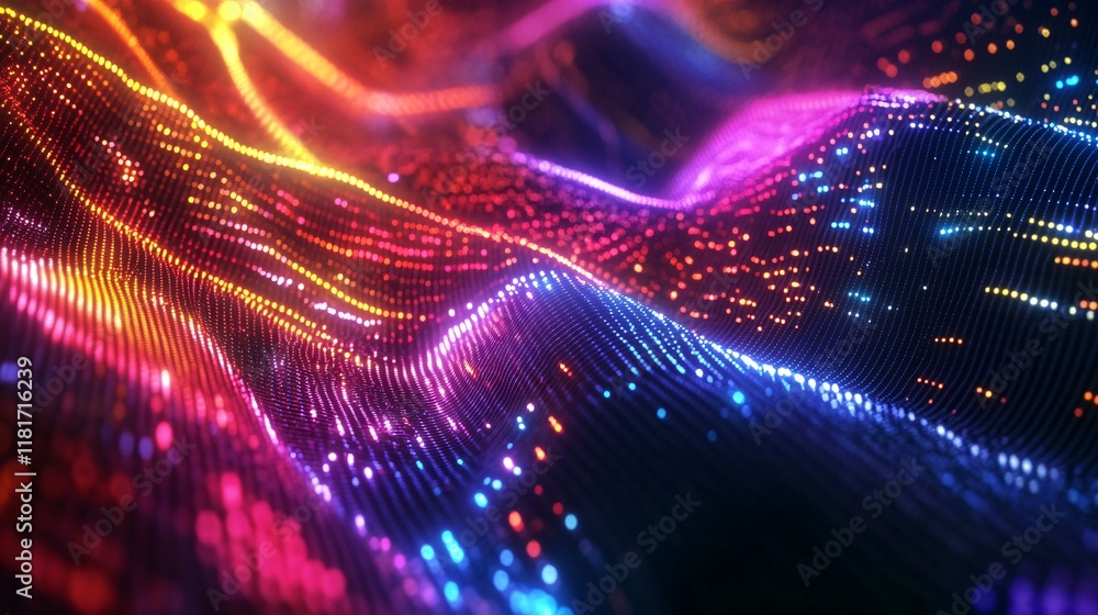 Poster vibrant abstract waves of colorful light creating a mesmerizing digital landscape.