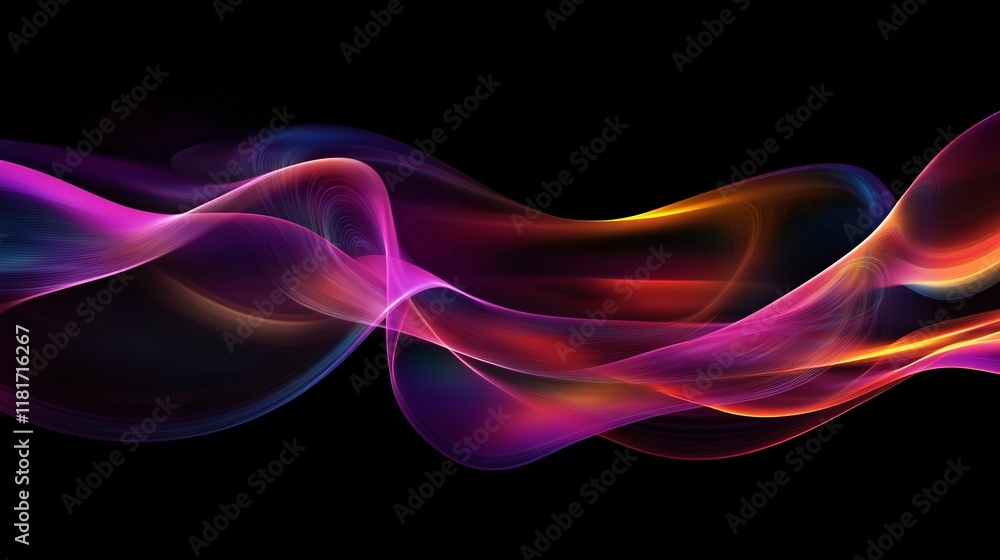 Poster vibrant abstract wave patterns in a spectrum of colors on a dark background.
