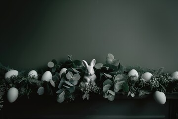 Elegant mantelpiece featuring a ceramic bunny and pastel decorations for Easter