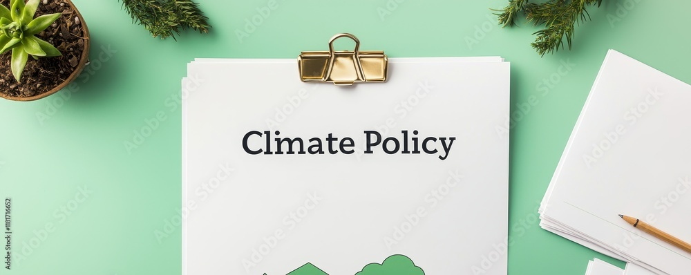 Poster change policy of environmental concept. climate policy document on a clipboard with greenery backgro