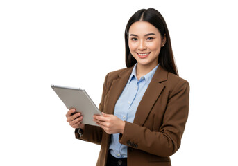 A young woman in a brown blazer over a light blue shirt, holding a tablet and smiling