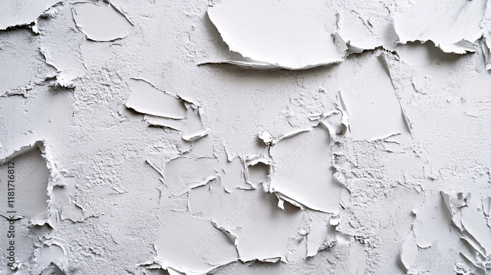 Poster close-up view of peeling white paint on a textured wall, creating an abstract and weathered appearan
