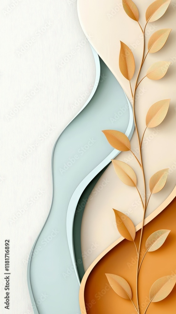Poster abstract design with flowing waves and a minimalist plant featuring soft colors and elegant shapes i