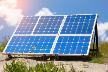 A solar panel cell superimposed on a breathtaking sunset, symbolizing clean alternative energy