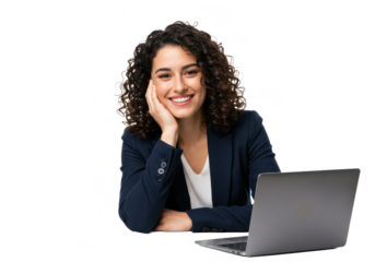 A cheerful woman with curly dark brown hair in a navy blazer and white blouse, seated at a desk with a laptop, smiling and resting her hand on her face