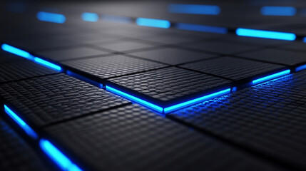 Sleek graphite grid with vibrant electric blue luminescence, futuristic design