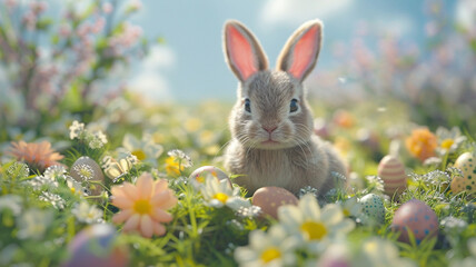 Happy Easter Day background and backdrop, cute bunny rabbit, ornament, and colorful egg, copy space greeting and backdrop, banner, rustic vintage design material. Celebrate Easter.