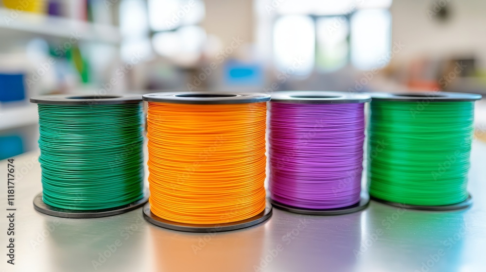 Aufkleber recycle material advancement concept. colorful spools of thread arranged on a table in a bright envi