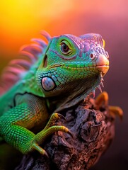 Fototapeta premium A vibrant iguana sits on a log, showcasing exquisite colors against a beautifully blurred background, exemplifying the beauty and diversity of wildlife in its natural habitat.