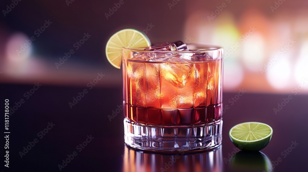 Poster a refreshing cocktail served in a glass with ice and a lime slice, creating an inviting atmosphere.