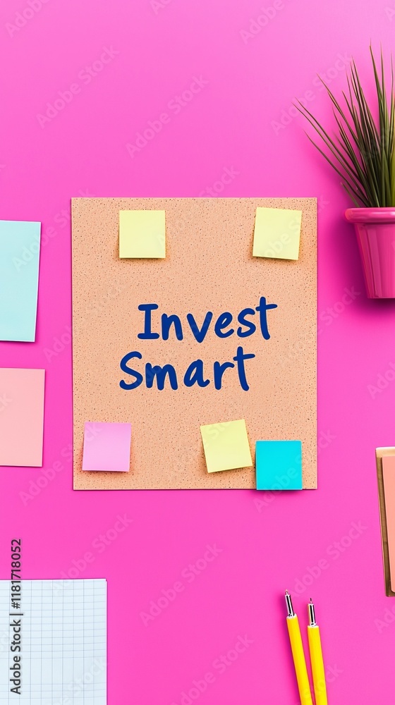 Poster advice investment tip concept. corkboard with colorful notes and 