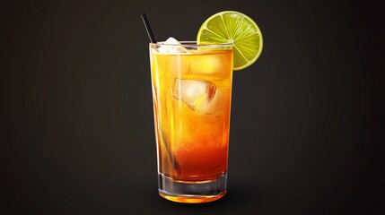 Refreshing iced tea with a lime slice on a dark background.