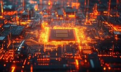Computer hardware, CPU and circuit board with microchip, technology abstract and motherboard closeup. Cyber tech, cloud computing and processor, AI and digital drive with pc system and, Generative AI