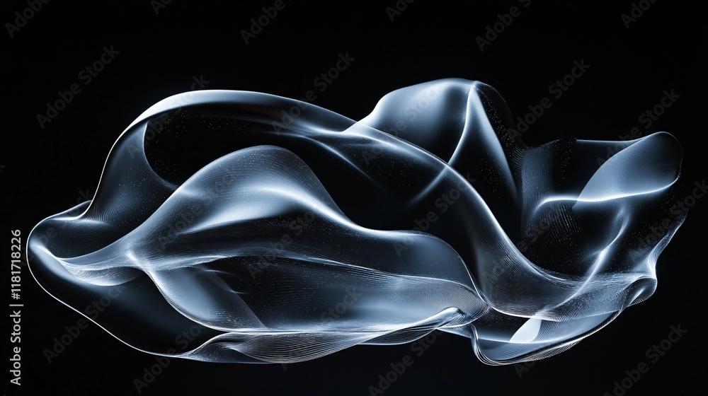 Poster an ethereal, flowing abstract design with smooth, translucent waves against a black background.