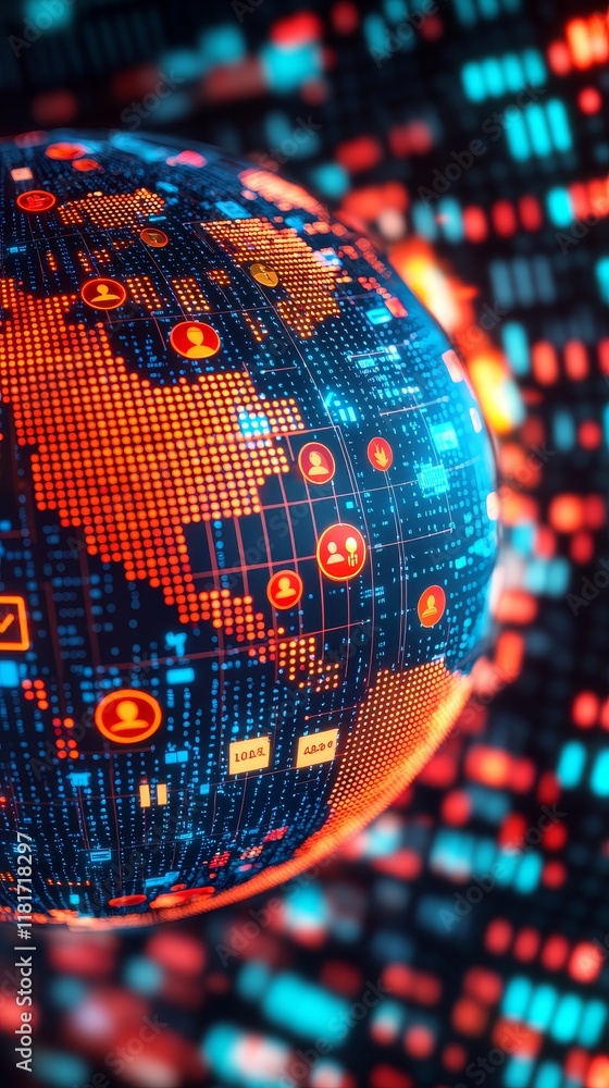 Poster economic report outlook concept. digital globe with data patterns and social icons in vibrant colors
