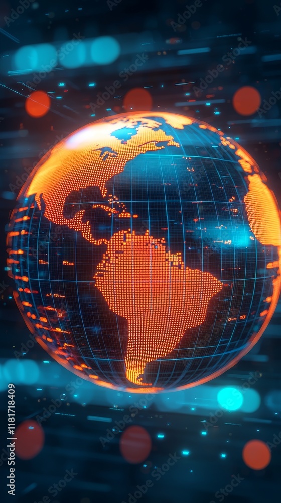 Poster change policy of environmental concept. digital globe with vibrant orange and blue data visualizatio