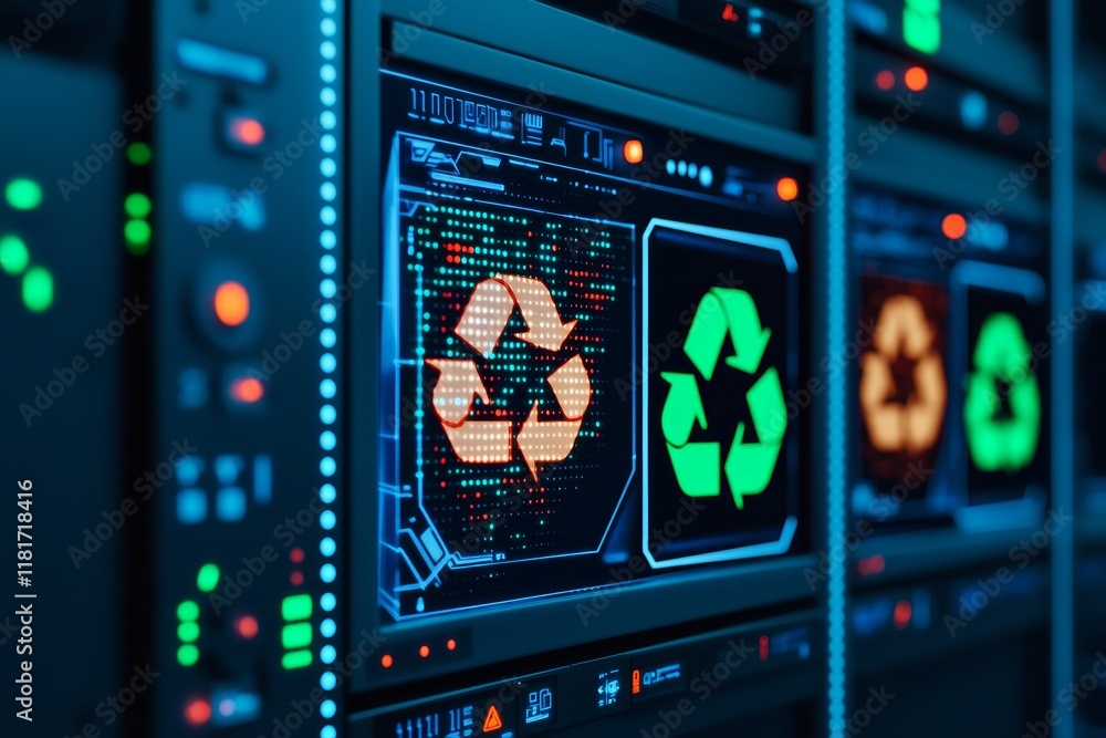 Poster recycle material advancement concept. digital recycling symbols displayed on high-tech screens in a 