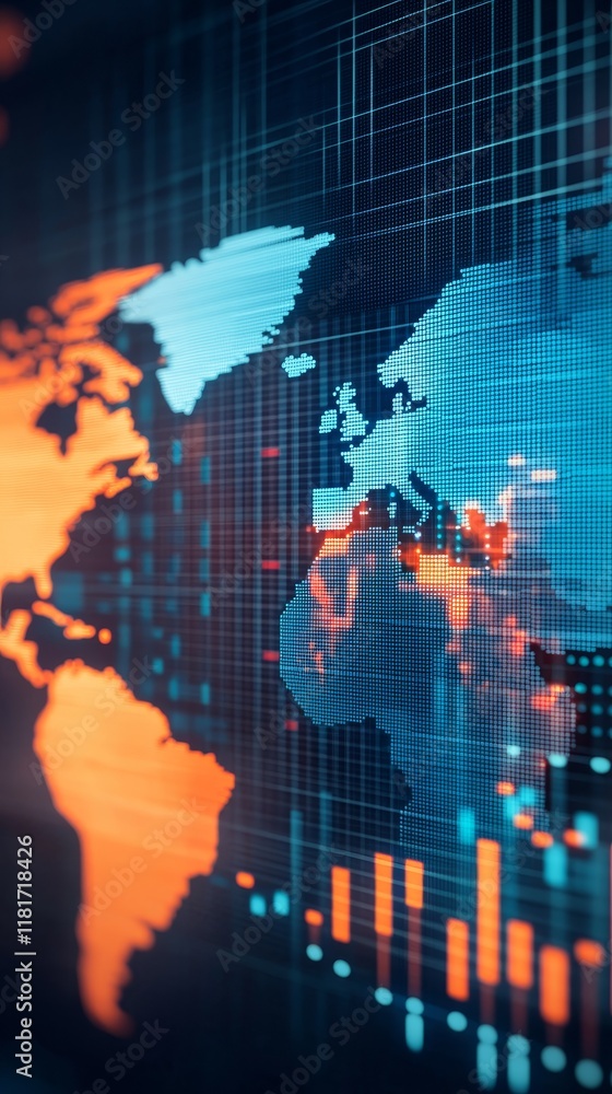 Poster economic report outlook concept. digital world map with data visualization in vibrant colors.