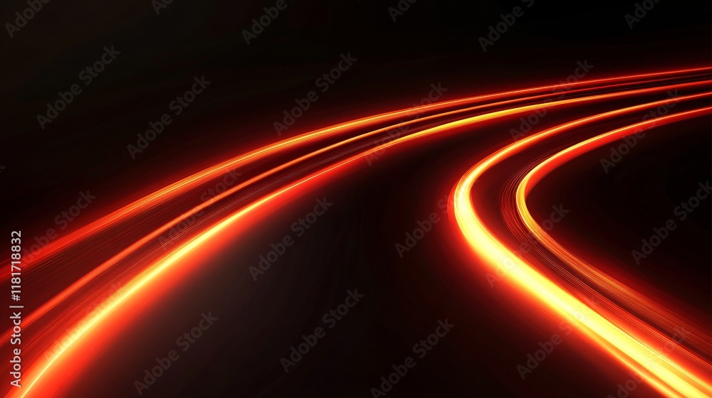 Poster dynamic abstract of glowing red and orange light trails against a dark background, creating a sense 