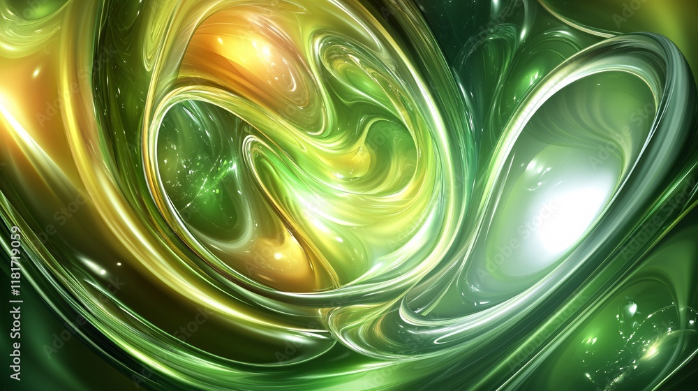 Poster abstract swirling patterns in vibrant green and gold tones, creating a mesmerizing visual experience