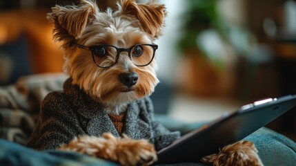 Obraz na płótnie Canvas A charming dog dressed in a smart blazer and glasses sits cozy while holding a tablet, exuding an air of sophistication and amusement as it engages with its surroundings