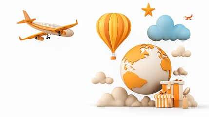 Colorful Travel and Adventure Theme with Airplane, Hot Air Balloon, and Globe Elements for Creative Projects