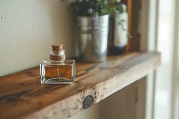 Perfume bottle with minimalist clear label, clean and elegant design.