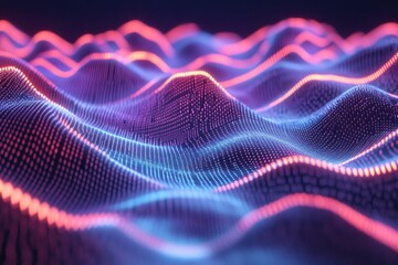 Vibrant digital waves illuminated in shades of blue and pink create a mesmerizing visual experience at night