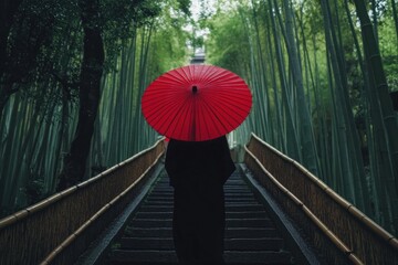 A Japanese woman in a kimono walks through a bamboo forest, holding a red umbrella. 