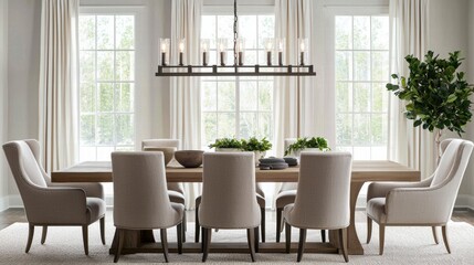 Obraz premium Contemporary dining room with elegant wood table and soft beige chairs