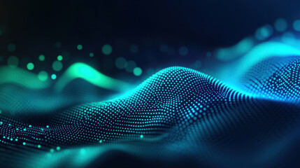 A captivating abstract digital landscape featuring fluid waves of glowing blue and green particles on a dark background.