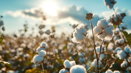 Close-up of cotton bolls in a sunlit field with a clear blue sky and scattered clouds. Soft, fluffy...