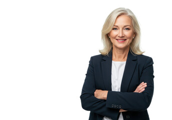 A professional older woman with blonde hair, wearing a dark blue blazer over a white shirt