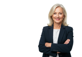 A professional older woman with blonde hair, wearing a dark blue blazer over a white shirt