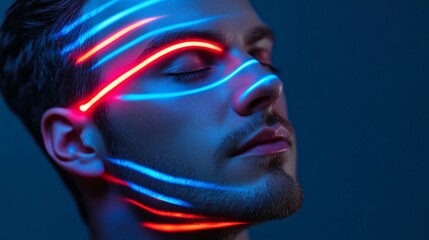 Close-up of a Caucasian male model with neon blue and red lights illuminating his face, creating an artistic and futuristic look.