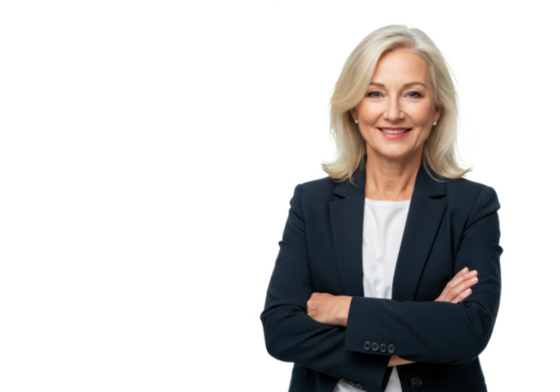 A professional older woman with blonde hair, wearing a dark blue blazer over a white shirt