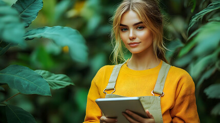 Botanist Uses Tablet, Studies Plants Carefully in Lush Greenhouse Environment